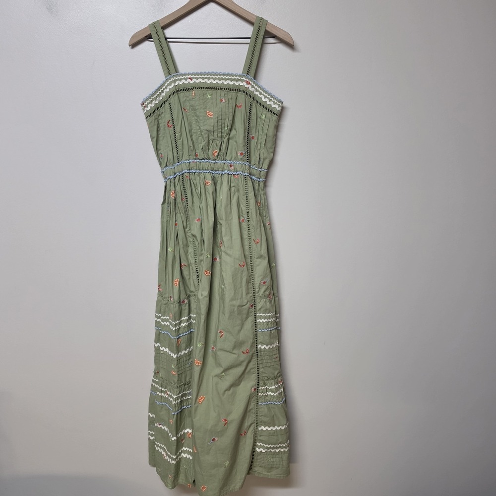 Roller Rabbit S Green Embroidered Fruit Maxi Dress Ric Rac Boho Cottagecore - Picture 2 of 10